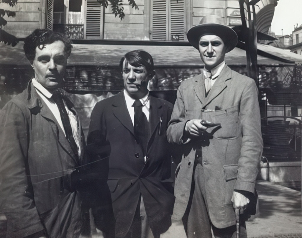 Amedeo Modigliani and Pablo Picasso in front of the Café de la Rotonde in Montparnasse, Paris - August, 12th 1916